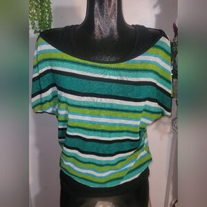 Eclipse Striped Short Sleeve Off Shoulder Top With Attached Black Tank Top L
